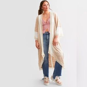 NWT POL Mixed Media Oversized Cardigan Beige Multi MEDIUM Lightweight Bohemian